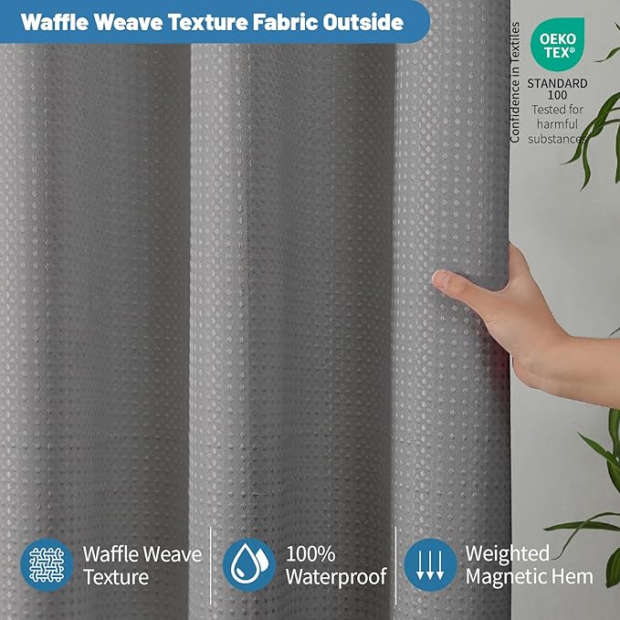 2-in-1 Waterproof Fabric Shower Curtain - No Separate Liner Needed, Hotel-Style Waffle Weave, Effortless Cleaning & Washable Bathroom Shower Curtain Set,72Wx84H,Grey