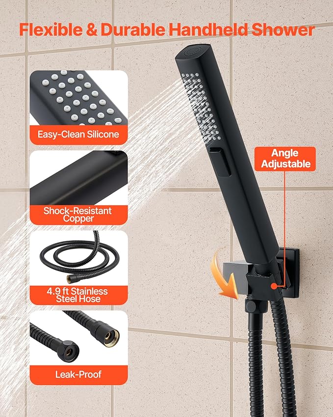 VEVOR Shower Faucet Set, 10 Inch Ceiling Mount Rainfall Shower System with 6 Inch Wall Mount Head and 2 in 1 Handheld Spray, Rotatable 3-Function Dual Rain Head Brass Valve and Trim Kit, Matte Black