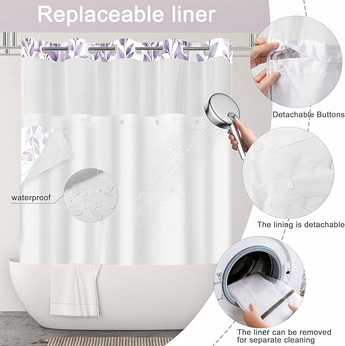 No Hook Shower Curtain and Liner Set, Light Purple Eucalyptus Floral Shower Curtains for Bathroom, Bath Curtain Sets with Snap in Liner, Waterproof with See Through Top Window, 71x74 Inches