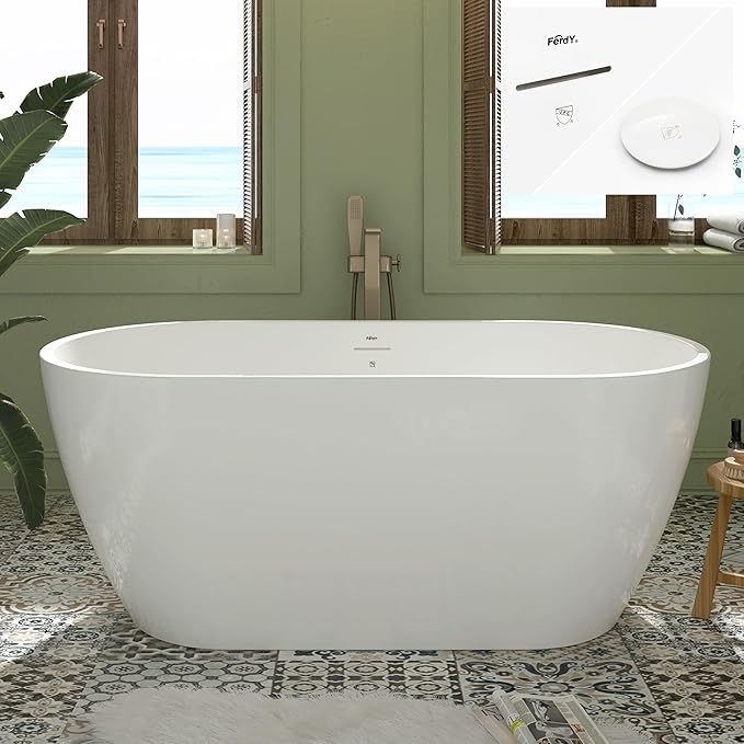 FerdY 59" Bali Elite Acrylic Freestanding Bathtub, Gracefully Shaped Freestanding Soaking Bathtub, cUPC Certified, Toe-Tap White Drain and Minimalist Linear Design Overflow Included
