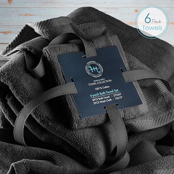 Hearth & Harbor Bath Towels for Bathroom - 100% Ring Spun Cotton Luxury Bathroom Towels - Ultra Soft & Highly Absorbent, Bath Towels Set of 6 - Black
