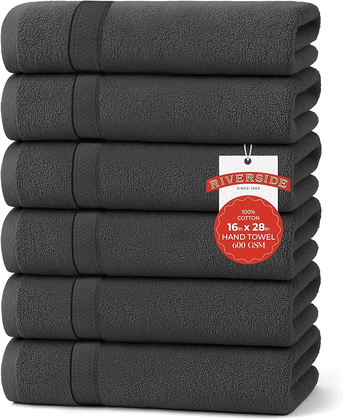 RIVERSIDE 6 Pack Premium Hand Towels Set, 16x28 inches, 100% Ring Spun Cotton, 600 GSM, Soft, Quick Dry and Highly Absorbent, Towels for Bathroom, Kitchen, Gym, Spa - Grey
