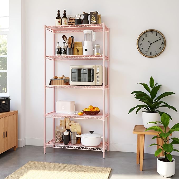 5 Tier Storage Racks Shelving, Heavy Steel Pantry Shelves, Adjustable Wire Shelving Rack, Suitable for Garage, Kitchen, Bathroom, Office, 29" W x 13.4" D x 59" H, Pink