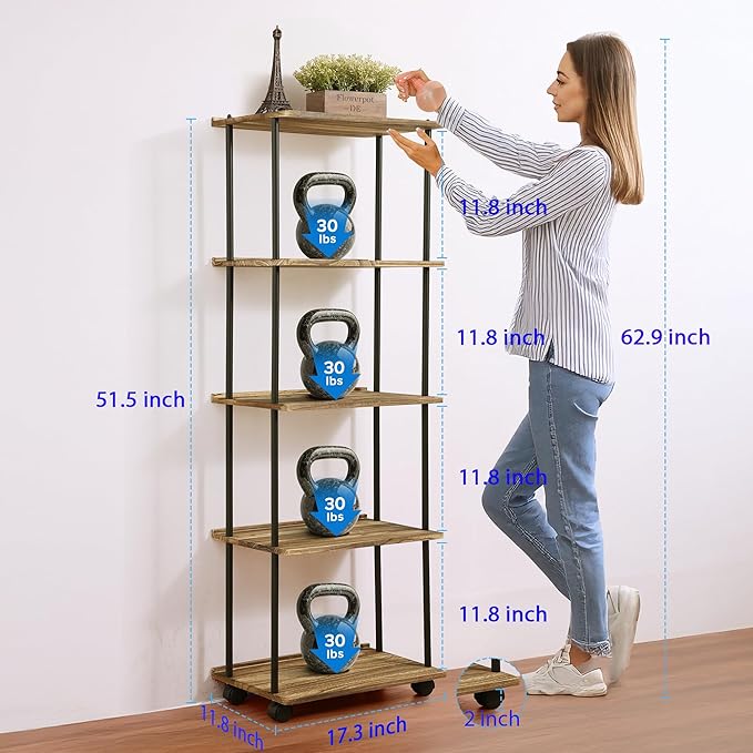 GETALL 5 Tier Bookshelf with Wheels, Tall Bookcase for Small Spaces, Solid Wood Narrow Shelf, Corner Book Shelf Storage Organizer for CDs, Movies, Movable Shelfing Unit for Bedroom, Living Room