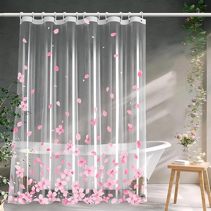Clear Pink Floral Shower Curtain Liner, Cute Plastic Transparent Cherry Blossom Shower Curtain, Girly Flower Petals Spring Shower Curtains for Bathroom, 72x78 Shower Curtain Set with Magnets 12 Hooks