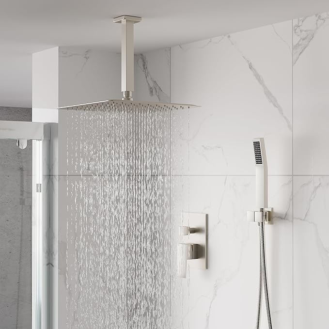 WELLFOR 12-In Ceiling Mount Shower System with Single Handle, Pressure-balanced Valve Included, Waterfall Dual Head Shower Head System, Rain Shower System, Shower Faucet Trim Kits, Brushed Nickel