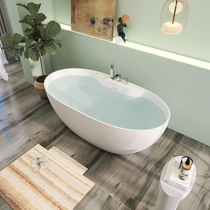 63" Premium Solid Surface Freestanding Bathtub with Three Holes Faucet, Contemporary Design Stand Alone Stone Resin Tub with Overflow and Pop-up Drain, Matte White