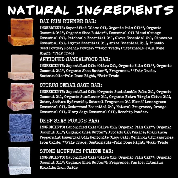 BLUEBYRD SOAP Men's Natural Bar Soap Gift Set (5 Bars) | Masculine Soap Bars Variety Pack - Bay Rum, Citrus Cedar Sage, Sandalwood, Frankincense, Exfoliating Pumice (Mens Original)