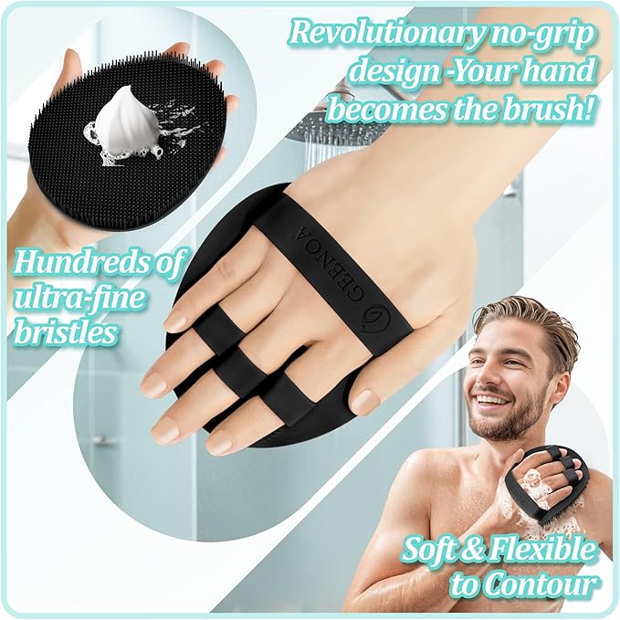 Silicone Back Scrubber & Soft Bath Glove 2PCS, 16''- 21''Extendable Back Scrubber with Dual-Side Large Head, 360° Anti-Slip Hand-fit Silicone Body Scrubber for Rich Foaming Deep Cleaning(Black)
