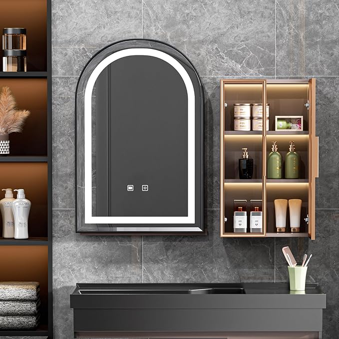 LED Bathroom Mirrors with Lights,24"x36"Black Arched Mirror for Bathroom,Fogless,3 Colors Dimmable,Anti-Fog,Wall Mounted Lighted Vanity Mirror,Black