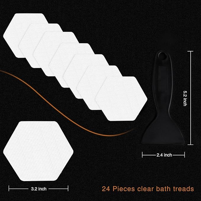 Bathtub Stickers Non-Slip, 24 PCS Hexagon White Safety Shower Treads Adhesive Appliques with Premium Scraper