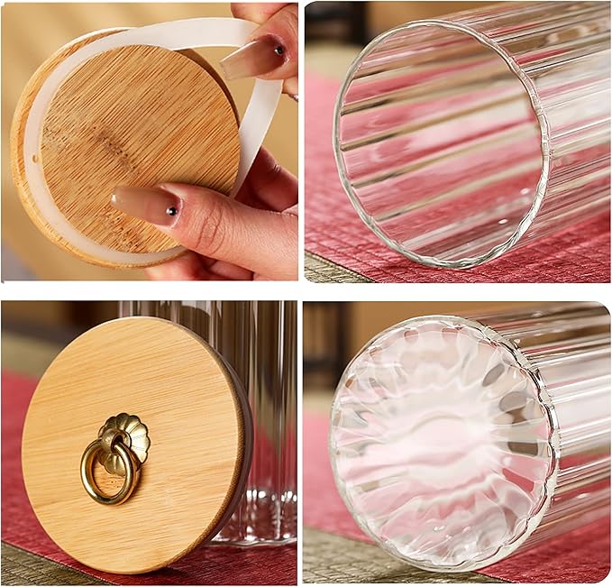 FANTESTICRYAN Glass Storage Jars Set of 5, Decorative Coffee Bar Container with Airtight Bamboo Lid Metal Ring for Home Kitchen Storing Candy, Cookie, Pasta, Nuts, Oatmeal and Bathroom Salt
