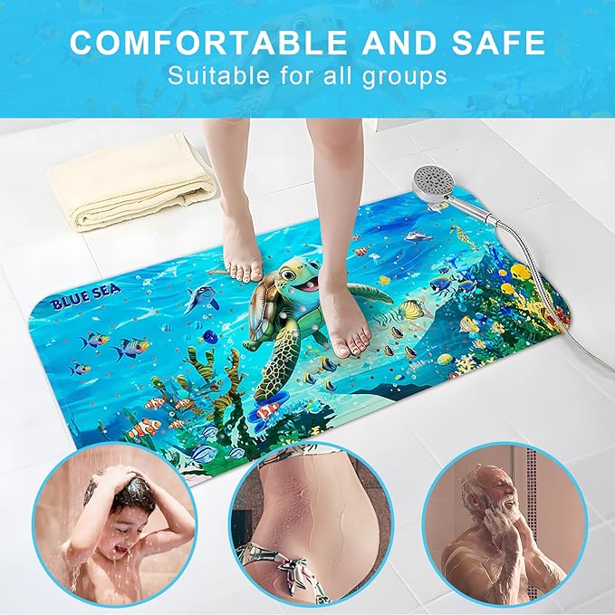 Upgrade Cartoon Baby Bath Mat Non Slip - 40"x16" Extra Long Bathtub Mat for Baby Eco Friendly Durable Bath Mat for Tub Non Slip Kids Tub Mat with Suction Cups, Machine Washable and No Fading, Turtle