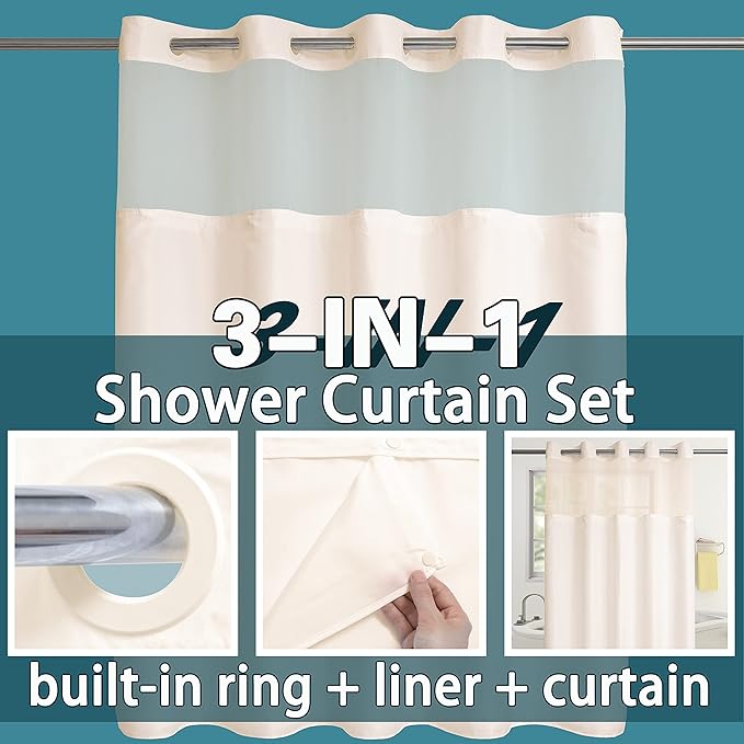 Conbo Mio Extra Long No Hook Shower Curtain with Snap in Liner Set, Hotel Luxury Beige Fabric Shower Curtains for Bathroom with See Through Top Window, Washable, Waterproof 71W x 84H