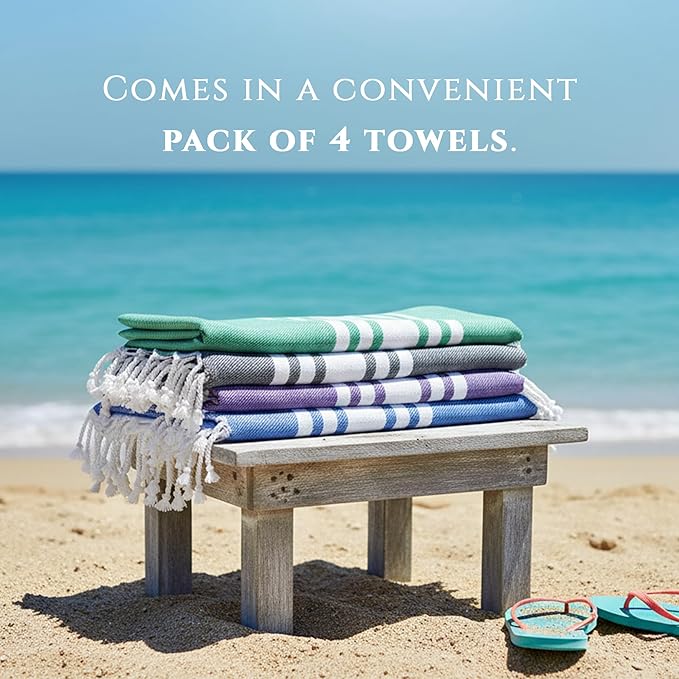Turkish Cotton Beach Towel Pack of 4 & 1 Boho Tote Bag - Hammam Towels - No Shrink - Quick Dry - Lightweight - Sand Free - Camping - Pool - Beach Essentials - Blue,Gray,Purple, Green (40"x70")