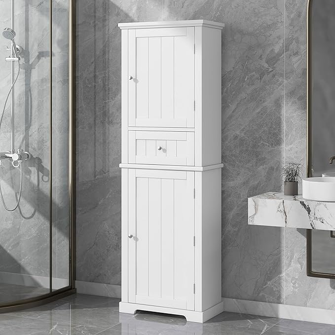 Favfurish 68" Tall Bathroom Storage Cabinet with Doors and Drawer,Modern Linen Cabinets w/Adjustable Shelf and Anti-Toppling Device,Freestanding Organizer for Bath Room,Study,Office,Kitchen White