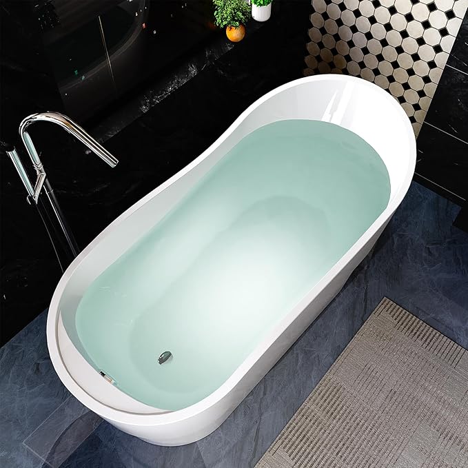 Empava Bathtub, 67" Soaking Tub, Acrylic Free Standing Tub with End Drain and Overflow, Contemporary Design Bathtub for Bathroom, cUPC Certified, Glossy White