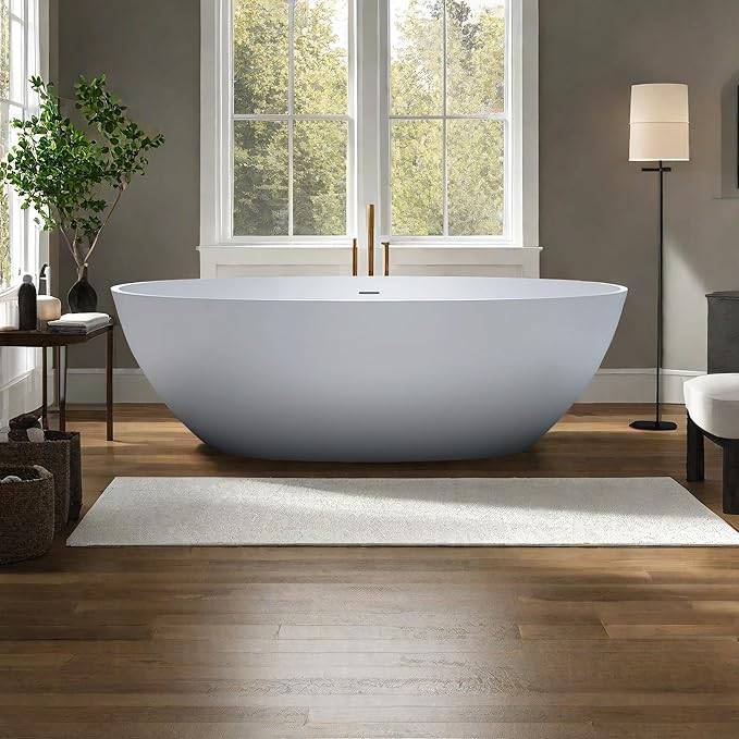 71'' Resin Stone Soaking Bathtub Freestanding Bathtub Solid Surface Modern Tubs with Overflow and Pop-up Drain in White…