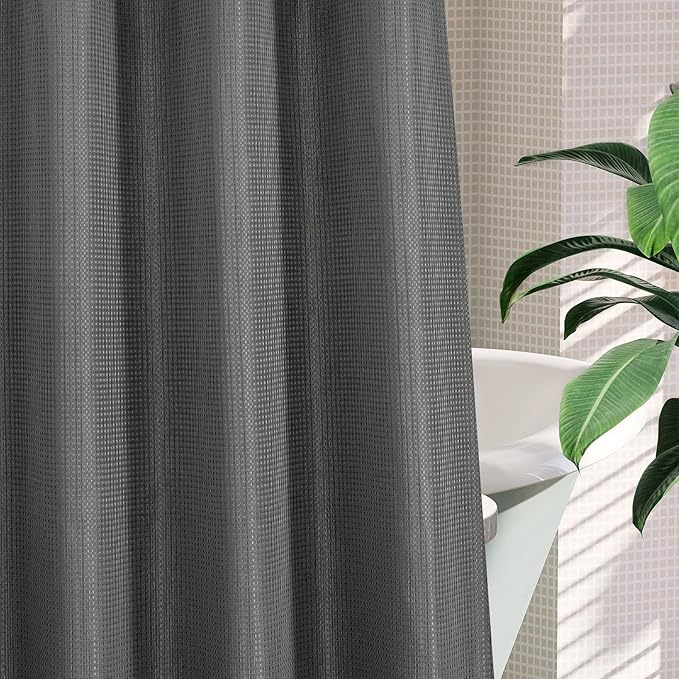 MitoVilla Grey Long Shower Curtain Liner Set 72 x 80, No Hooks Needed 80 inch Long Heavyweight Waffle Fabric Shower Curtain Set with Snap-in Liner for Hotel Grade Spa-Like Bathroom Decor
