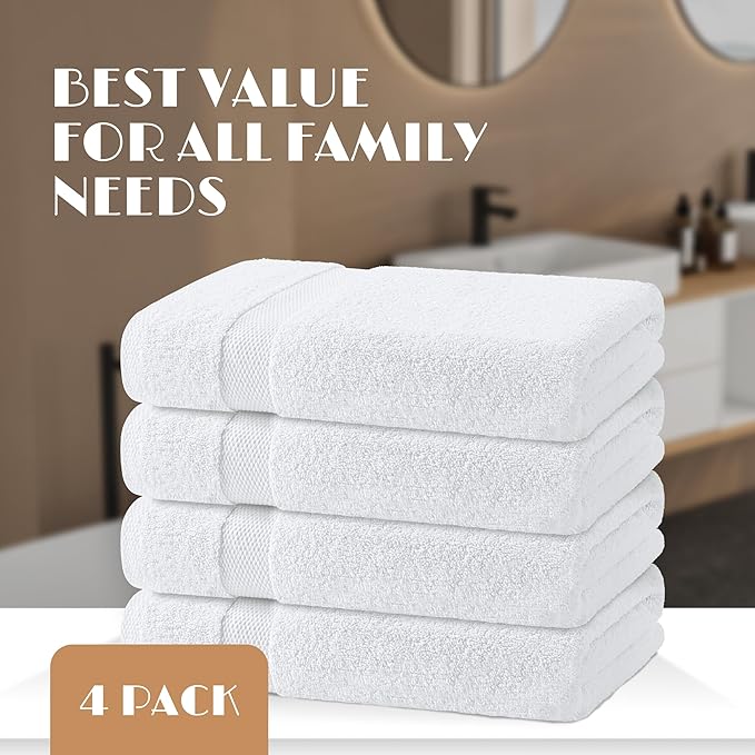 Wealuxe White Bath Towels 27x54 Inch, Cotton Towel Set for Bathroom, Hotel, Gym, Spa, Soft Extra Absorbent Quick Dry 4 Pack