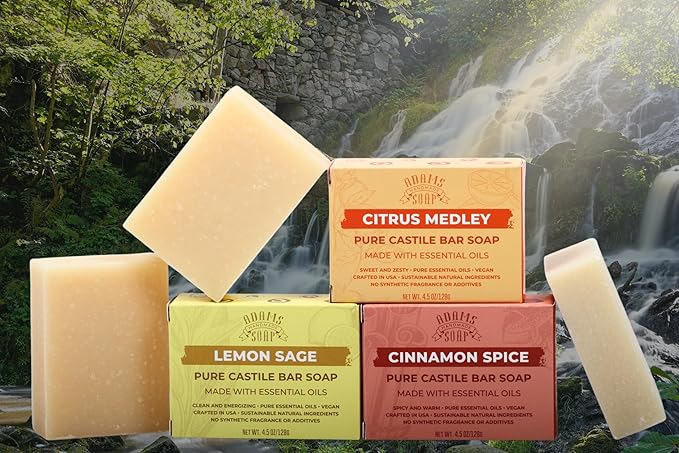 Adams Handmade Soap Variety Pack – 6 Bar Set: Unscented, Eucalyptus Spearmint, Rose, Lemon Sage, Cinnamon Spice, Citrus Medley | Vegan, Cold Process, 84% Organic, USA Made