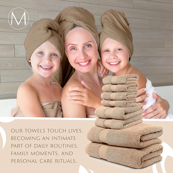 MAURA Biege Bath Towel Set of 8 for Bathroom. Turkish Cotton Luxury Bath Towels. Extra Large, Thick, Plush & Soft. Hotel & Spa Quality - Brown