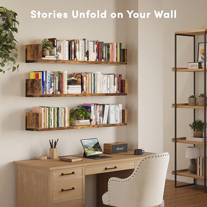 Wall Bookshelf, Set of 3, 36 Inches U Shaped Wall Shelves, Long Deep Floating Shelves, Large Floating Book Shelves - Wood Hanging Bookshelves for Kitchen, Bedroom