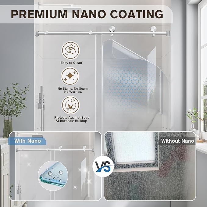 Bathtub Shower Door Frameless, 55-60" W x 60" H Sliding Tub Shower Door, 1/4''(6mm) SGCC Tempered Glass with Explosion-Proof Film Nano Coating, Stainless Steel Hardware, Brushed Nickel
