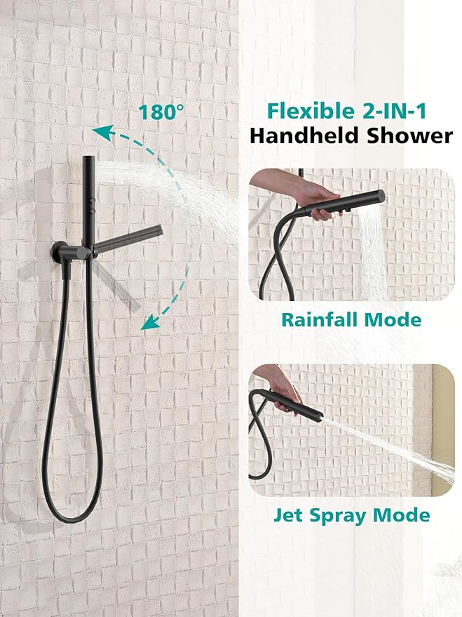 Lefton Shower System in Fahrenheit Display (Battery-free), 13” Overhead Round Rainfall Shower Head with All-in-one Handheld Spray Showerhead, 4-in-1 Control System, SSWM2501 (Matte Black)