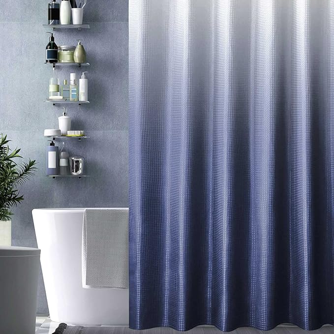 Gibelle Waffle Weave Ombre Fabric Shower Curtain Navy Blue Bathroom Decor Accessories Set with Hooks, Water Repellent and Machine Washable, 72 x 72
