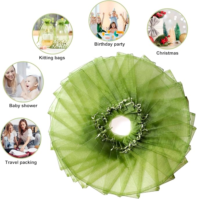 Hopttreely 100Pcs Organza Bags - 4 x 4.72 inch Candy Mesh Gift Bags, Olive Green Satin Drawstring Organza Pouches for Jewelry, Watch, Small Christmas Sachet