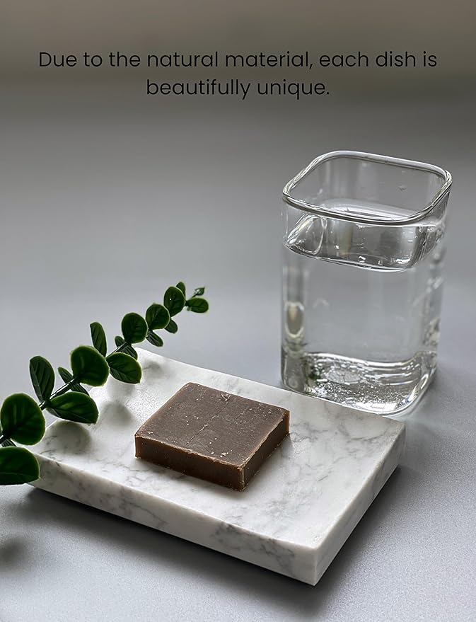 Real Marble Soap Dish - Soap Dish for Shower, Shower Bar Soap Holder, Marble Dish for Bathroom Kitchen, Decorative Stone Soap Dish (Calacatta White, Rectangular)