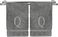 Monogrammed Hand Towel, Personalized Initial Gift, Extra Absorbent 100% Turkish Cotton - Soft Terry Finish - Set of 2 - Silver Block Initial Q - Embroidered on Grey Towels