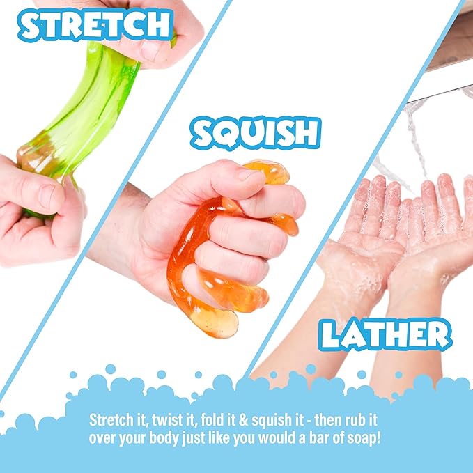Tub Works® Super Goo Bath Slime™ Kids Soap Bath Toy, 6 Pack | Stretchy, Squishy Slime Soap for Toddler Bath | Fresh, Fruity Scents | Nontoxic | Sensory Fun Kids & Toddler Bath Toys