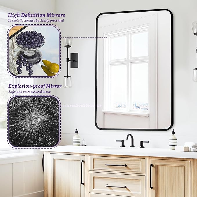 Antok Bathroom Mirror, 22"x30" Wall Mirror, Decorative Mirrors Vanity Mirror Aluminum Alloy Frame Contemporary Hanging Mirror for Living Room Bathroom Entryway, Black