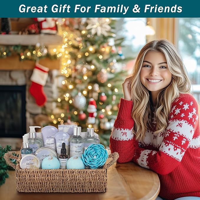 Bath Spa Gift Sets - Luxury Basket With Ocean & Coconut - Spa Kit Includes Wash, Bubble Bath, Lotion, Bath Salts, Body Scrub, Body Spray, Shower Puff, Bathbombs, Soap in Wooden Basket