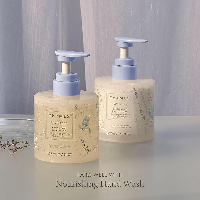 Thymes Replenishing Hand Lotion for Dry Skin - Daily Moisturizer Helps Reduce Dryness - Hand Lotion for Women & Men Formulated with Sodium Hyaluronate & Squalane (Lavender, 9.4 fl oz)