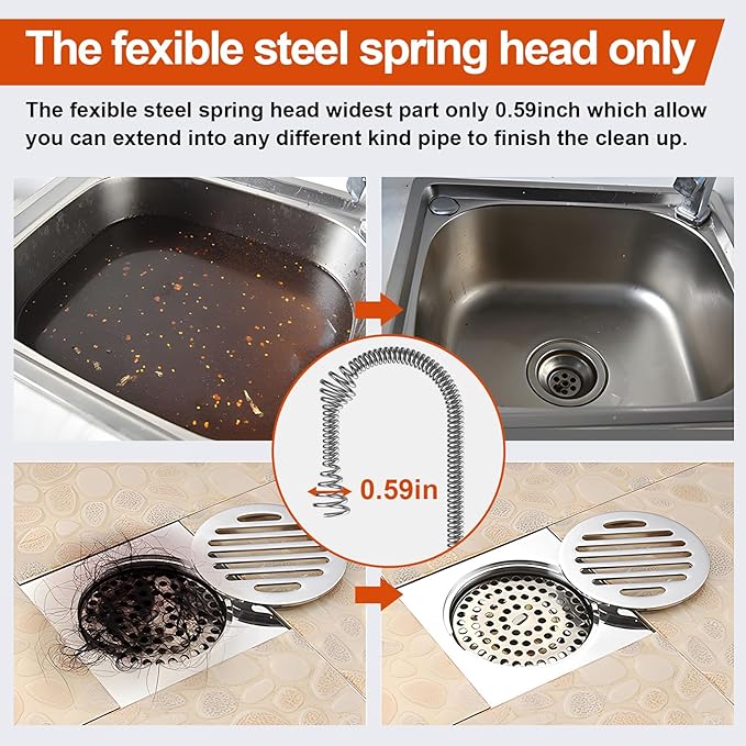 Drain Snake, 25ft Flexible Steel Drain Auger With Drill Adapter, Plumbing Unblocking Hand Auger, Manual Or Powered for Shower & Bathtub Clogs-No auto retract or feed (Orange)