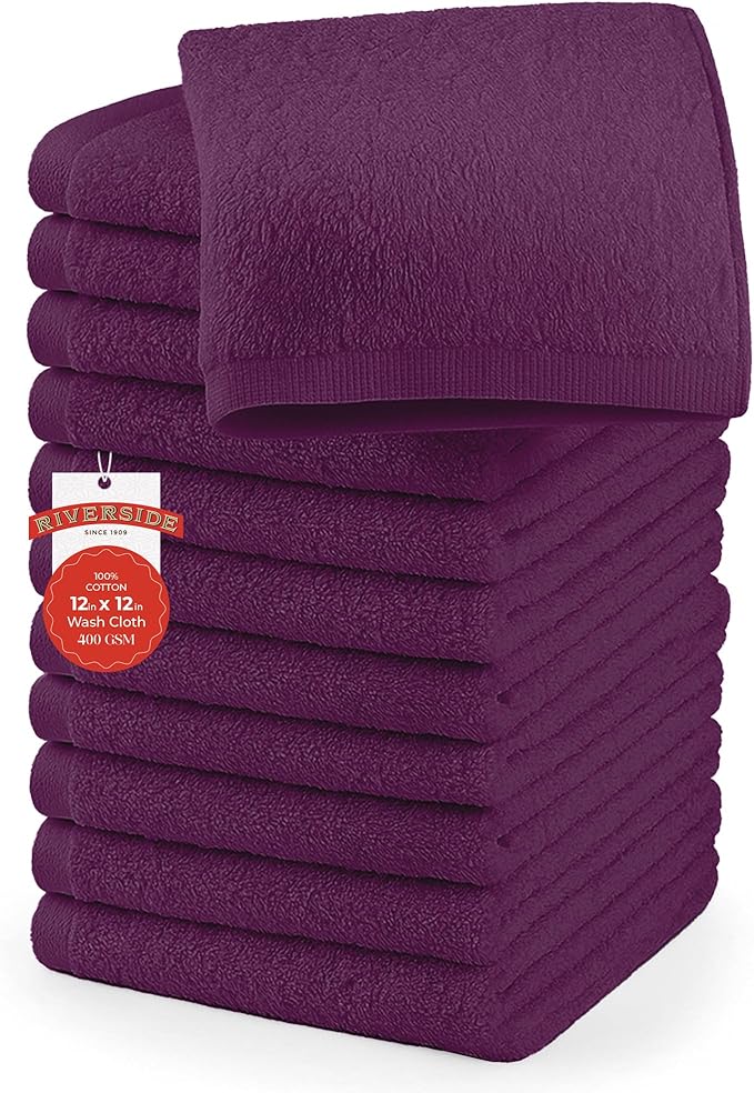 RIVERSIDE 12 Pack Washcloths - 12x12 Inches, 400 GSM, 100% Ring-Spun Cotton - Soft, Absorbent & Durable Face and Body Towels - for Bathroom, Spa, Gym, Makeup Removal & Everyday Use - Purple Passion
