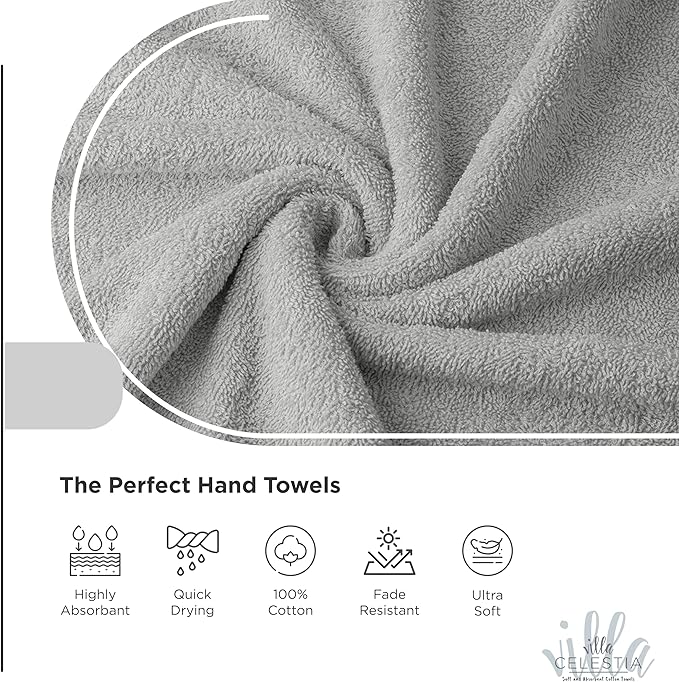 Premium Silver Hand Towels-100% Cotton, Soft & Absorbent, Fast Drying, Elegant Salon Spa Hotel Set of 4 (16''x 28'')