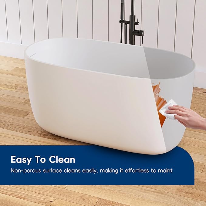 47" Stone Resin Freestanding Bathtub, Oval Solid Surface Bathroom Freestanding Tub, Thin Edge Stand Alone Tub with Integrated Slotted Overflow and Pop-up Drain, Matte White AMG025-1200