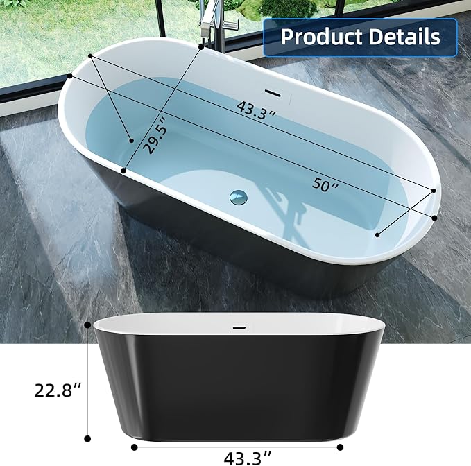 59 Inch Freestanding Bathtub, Acrylic Soaking Bathtub with Chrome Drain and Overflow, Standalone Ergonomic Tub for Bathroom Relaxation, Deep Design for Family and Guest Use, White+Black