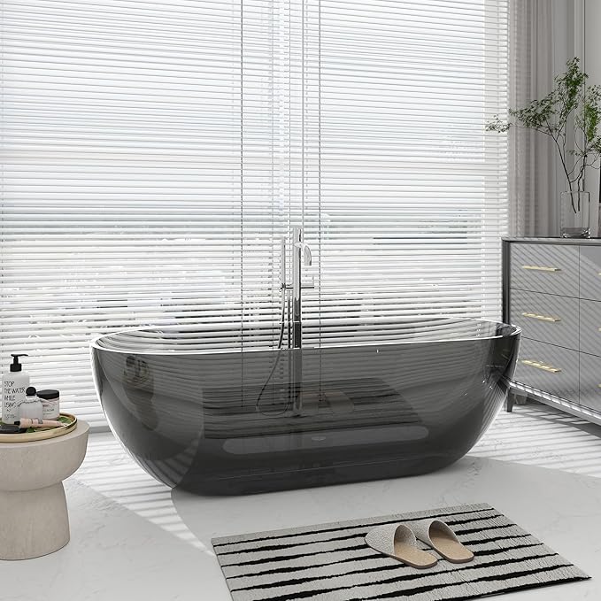SJ STAR&JANE 69" Solid Surface Freestanding Bathtub Stone Resin Oval Soaking Tub Stand Alone Tub with Pop-up Drain Transparent Gray