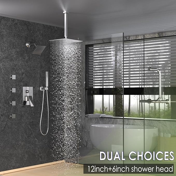 Enga Dual Shower Head Shower System with Body Jets, 12" Ceiling Mounted Rain Shower Head & 6" Wall Mounted Head Full Body Rainfall Shower Faucet with Valve Kit, Chrome
