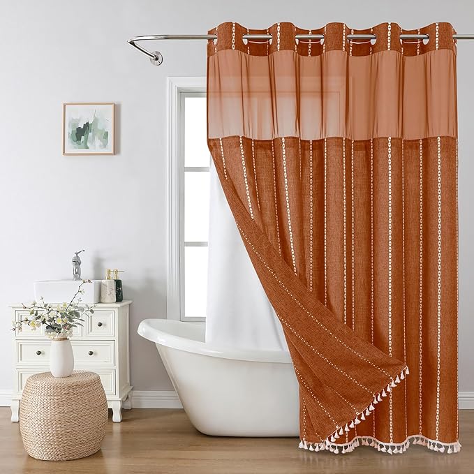 No Hook Long Shower Curtain Set with Snap-in Fabric Liner,Linen Textured Thick Striped Fabric with Tassels,Boho Farmhouse Rustic Luxury Bathroom Curtain,Water-Repellent,Orange,71x80