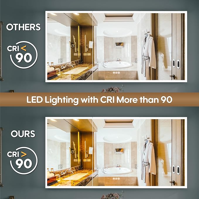 WELLFOR 60" X 30" LED Mirrored Bathroom Cabinet with 3X Magnification Makeup Mirror, Medicine Cabinet with Defog Mirror, Dimmer, Outlets & USB Ports, Bathroom Mirrored Cabinet with Three Opening Doors