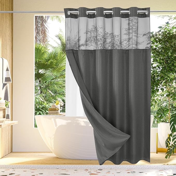 Gibelle Long Shower Curtain 72x80, Waffle Weave Bathroom Shower Curtain with Snap-in Fabric Liner Set, No Hooks Needed, Hotel Style with Mesh Top Window, Charcoal Grey
