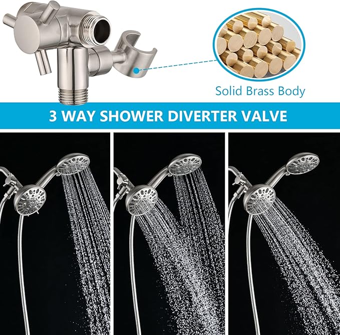 PDPBath Solid Brass 3 Way Shower Arm Diverter Valve with Handheld Holder for Dual Shower Heads with G1/2 Universal Connection - Brushed Nickel
