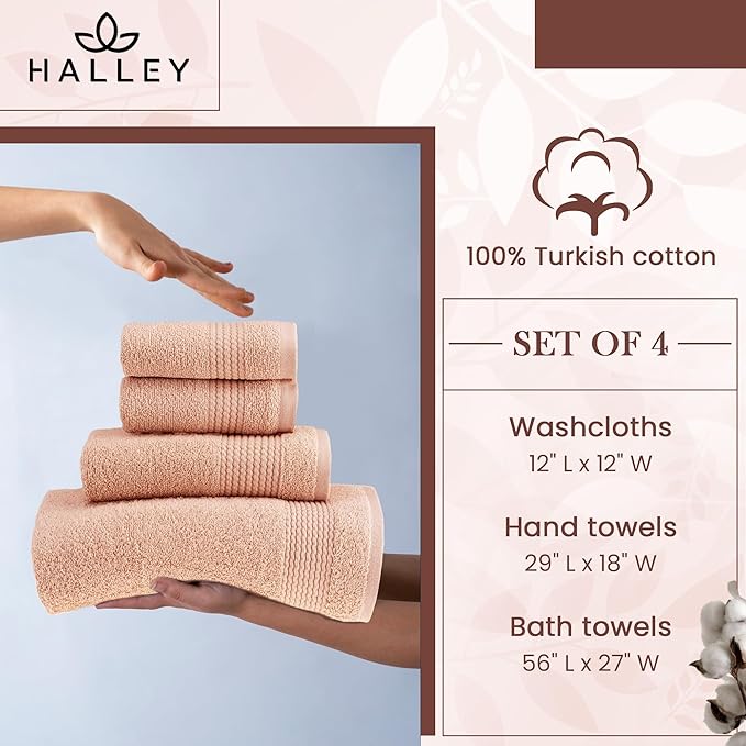 HALLEY Turkish Cotton Towels (Set of 4) 1 Bath Towel 1 Hand Towel 2 Washcloths, Super Soft Highly Absorbent 100% Cotton Towels for Bathroom and Kitchen for Mother’s Day (Peach)