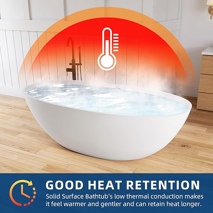 71'' Freestanding Solid Surface Resin Stone Bathtub, Freestanding Tub, Contemporary Design Stand Alone Tub with Pop-up Drain and Overflow, cUPC Certified, Matte White (Oval) AM3031800…